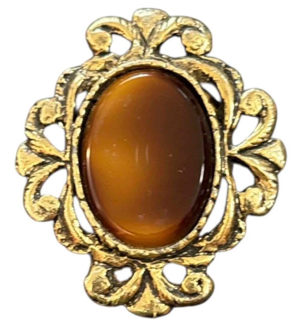 Vintage Faux Agate Cabochon Brooch Gold Tone Ornate Filigree Victorian Revival